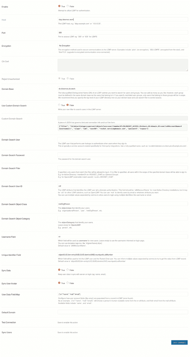 LDAP configuration in Rocket.chat