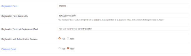 Registration options in Rocket.chat