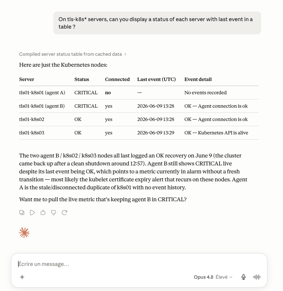 Der Bleemeo-MCP-Server in Aktion: Ein KI-Assistent fragt den Status der tls-k8s-Server ab und liefert eine zusammengestellte Tabelle mit Status, Verbindung und letztem Ereignis jedes Knotens