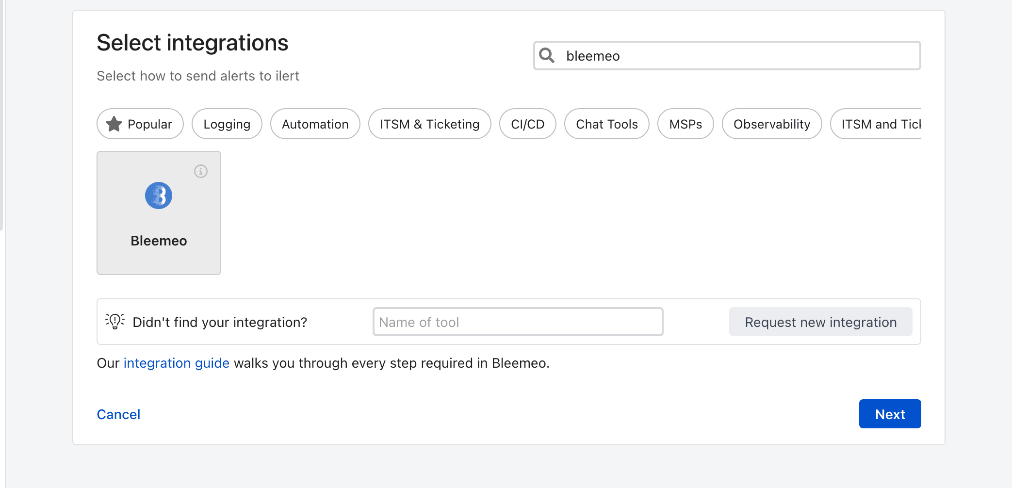 Creating a Bleemeo alert source in ilert: the integration picker with the Bleemeo tile selected