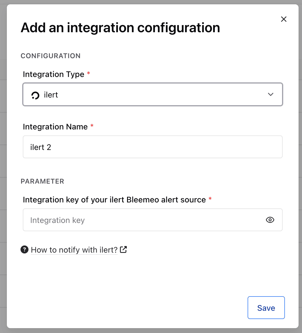 Adding an ilert integration in Bleemeo: integration type, name, and the integration key field