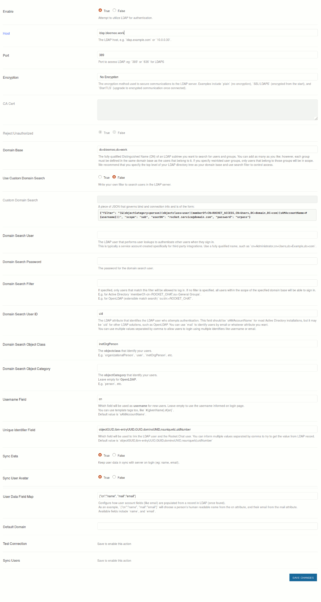 LDAP configuration in Rocket.chat