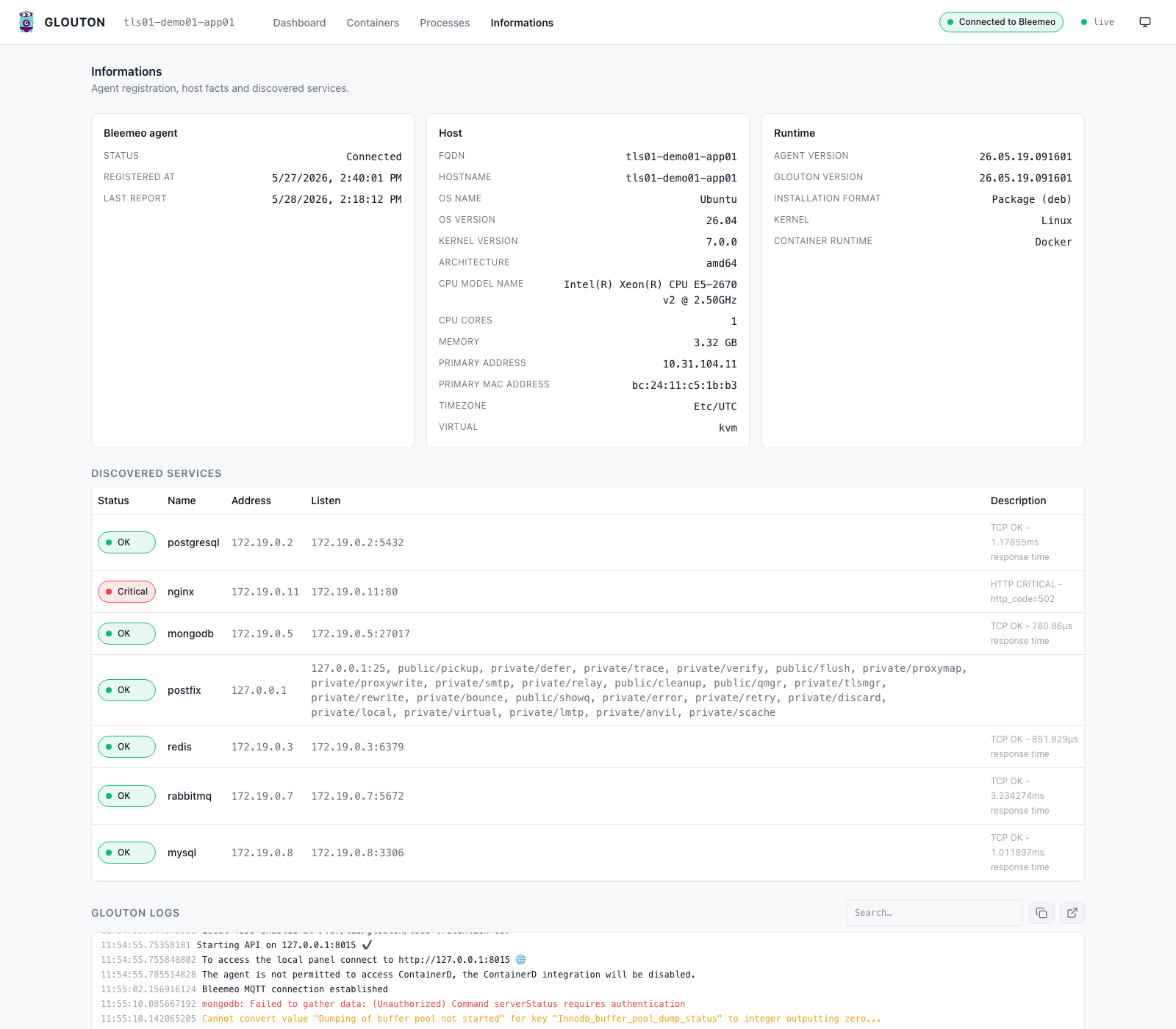 Glouton informations tab showing host facts and configured thresholds