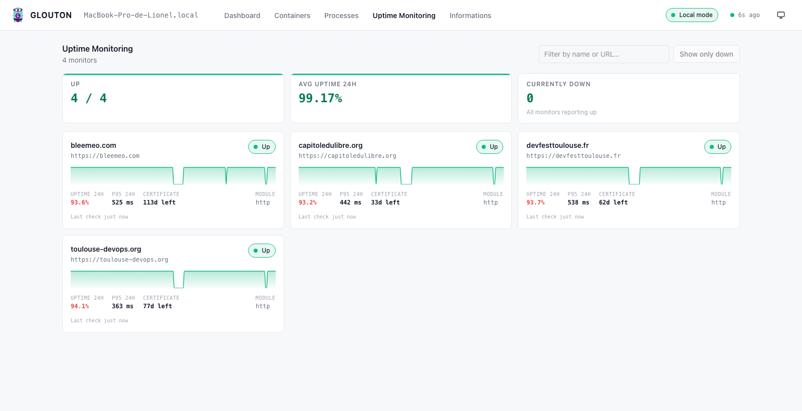 Glouton uptime monitoring tab showing probe targets with uptime, latency and certificate expiry