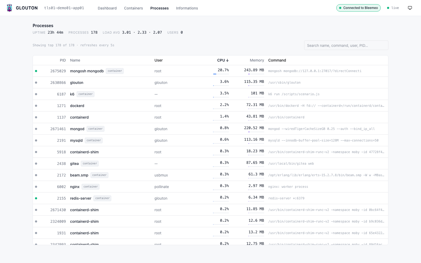 Glouton process explorer listing top processes by CPU and memory
