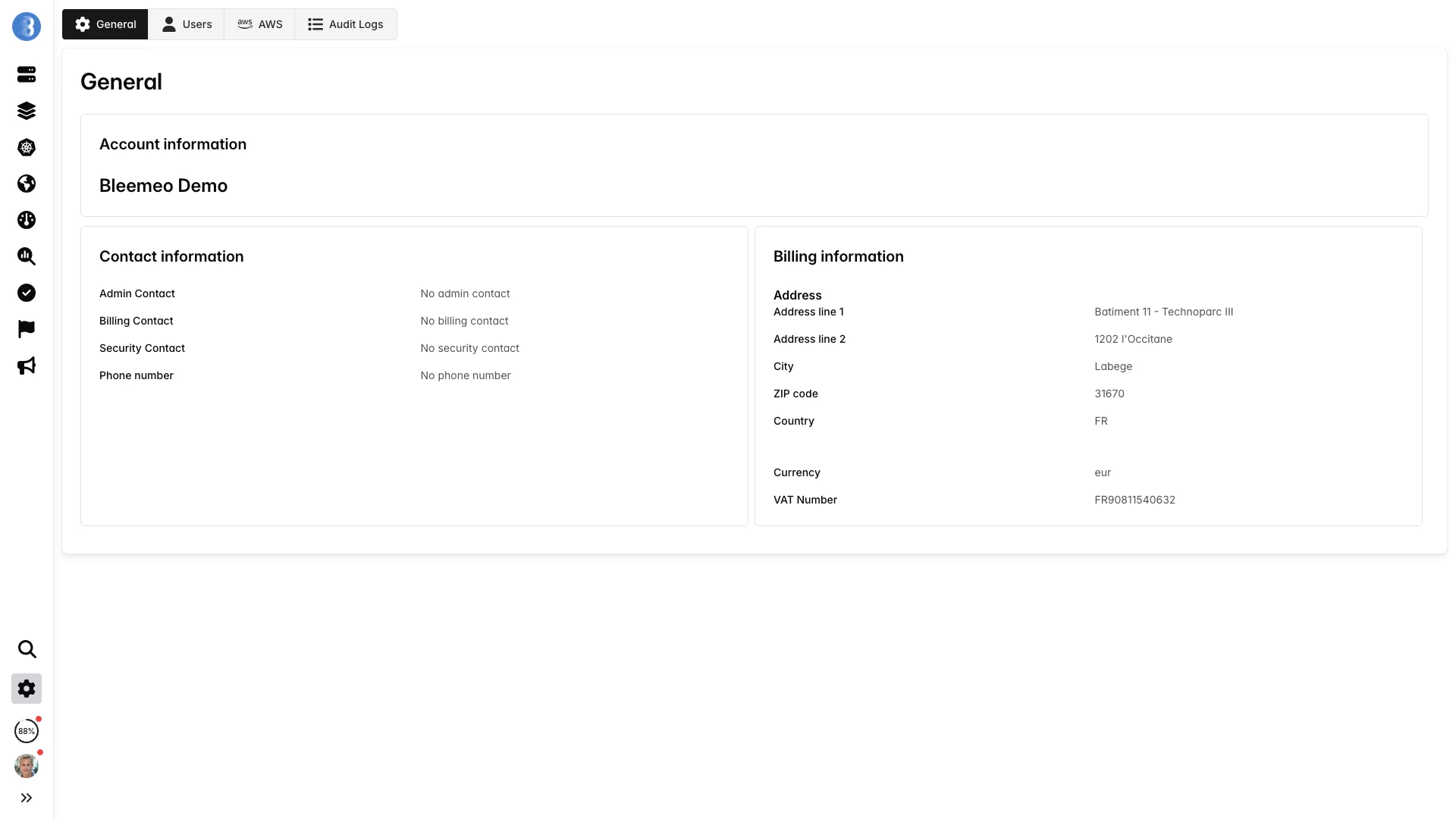 Panel de Administración de Bleemeo - Configuración de integración AWS