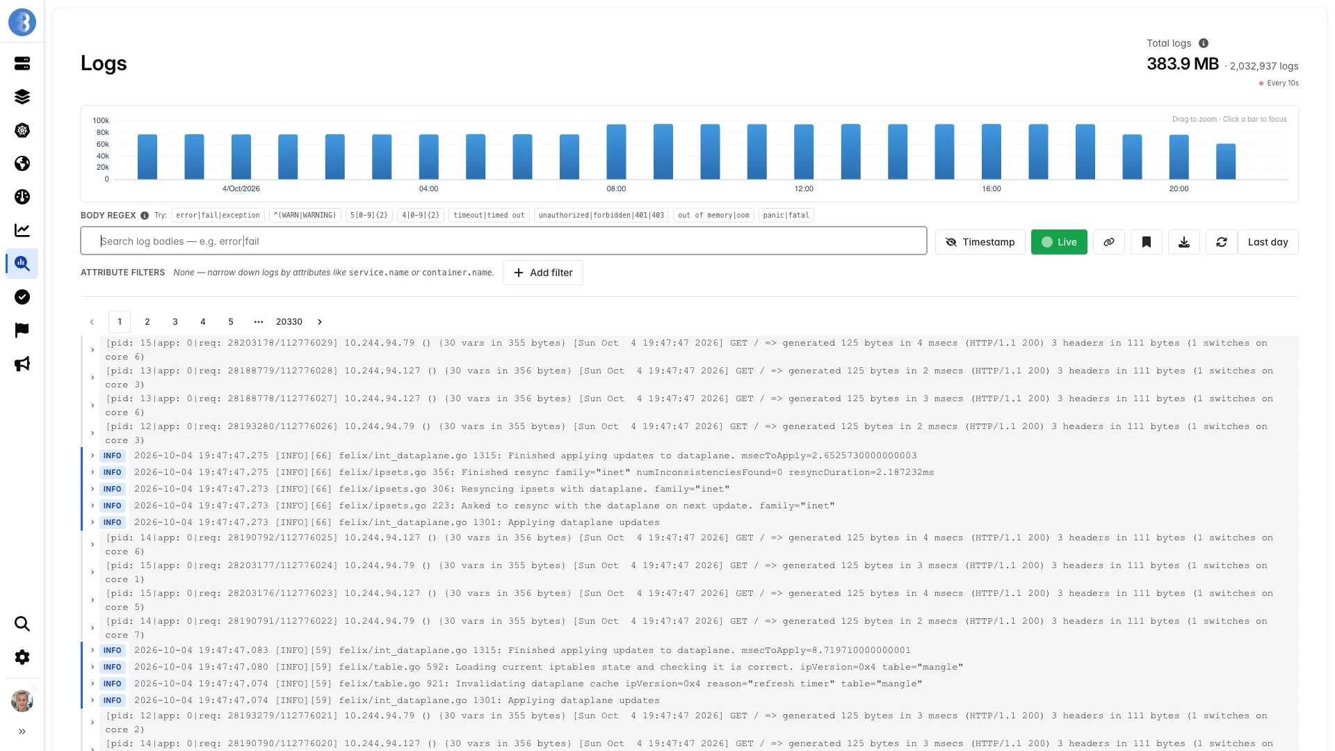 Gestión de Logs Bleemeo - Visor de logs centralizado con búsqueda, filtrado y streaming de logs en tiempo real